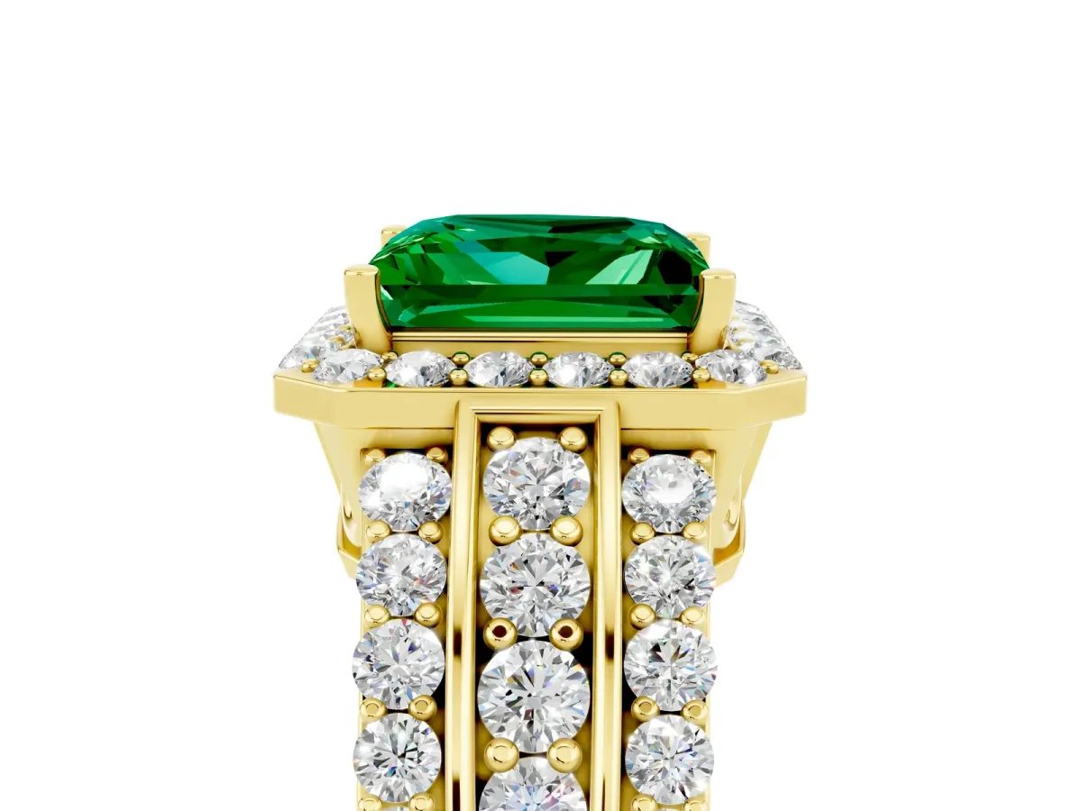 Princess Cut Halo Emerald Ring with Round Split Shank and Prong Setting Yellow gold