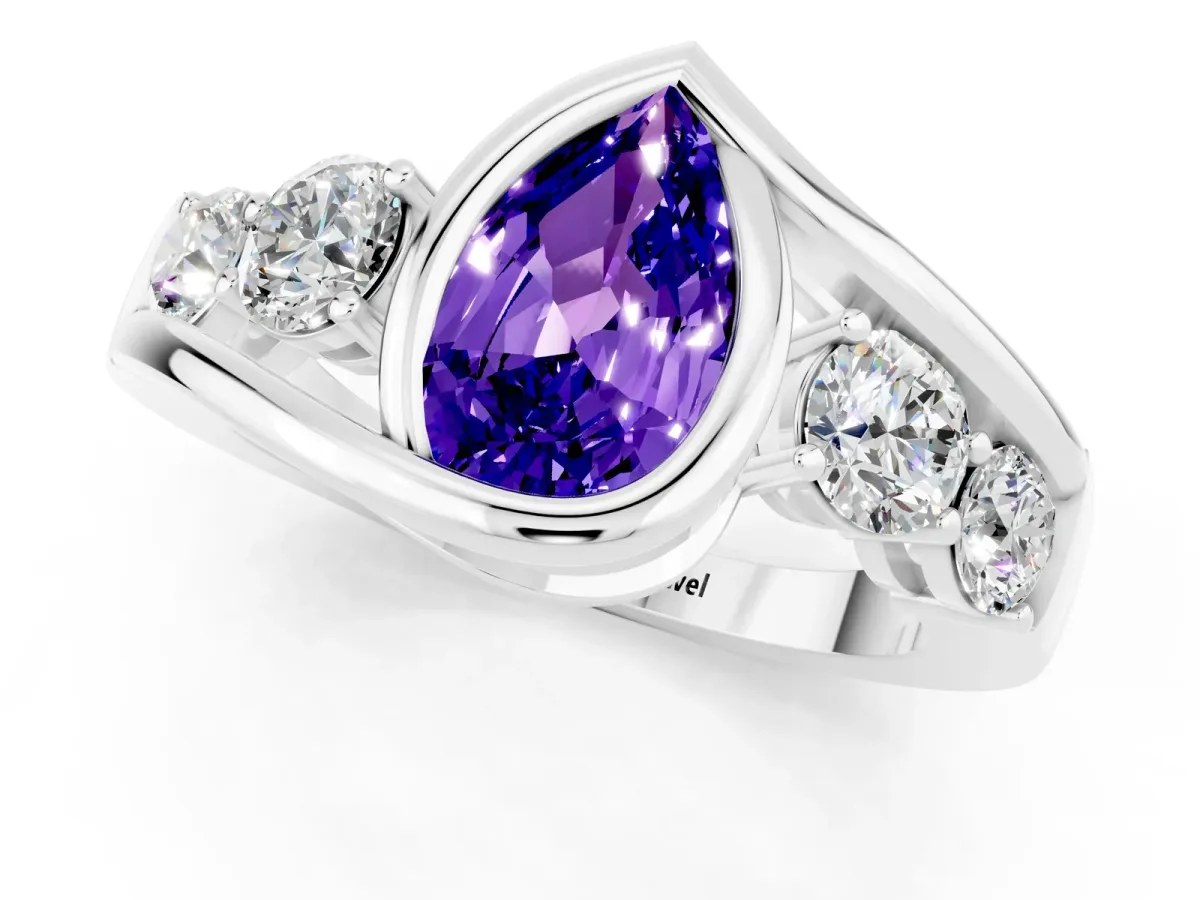 Bezel Set Pear Cut Tanzanite Bypass Ring with Round Accents Silver