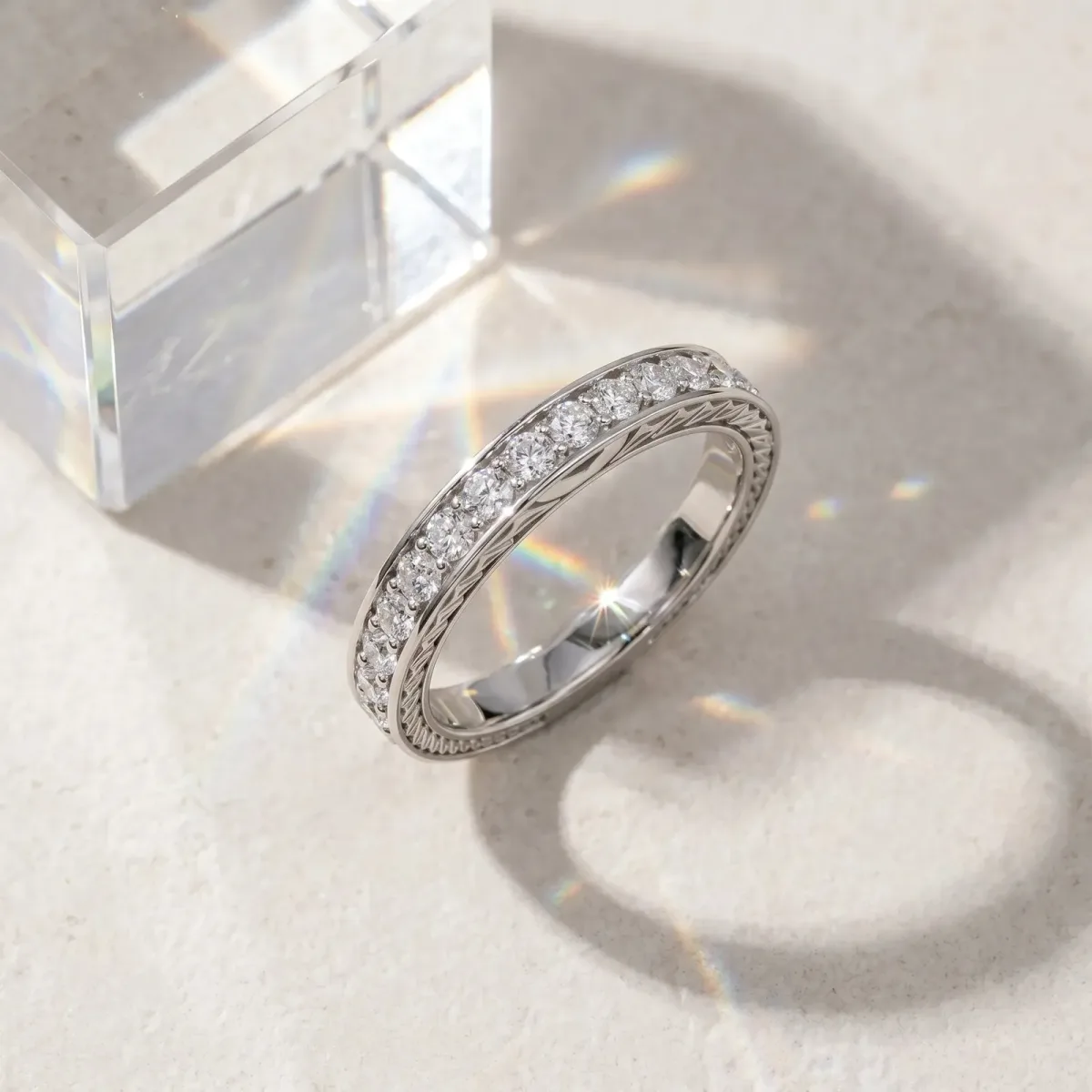 Round Cut Diamond Pavé Eternity Band with Channel Setting Platinum
