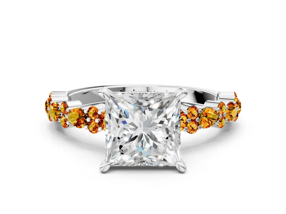 Princess Cut Diamond Side Stone Solitaire Ring with Round Citrine and Four-Prong Setting Platinum