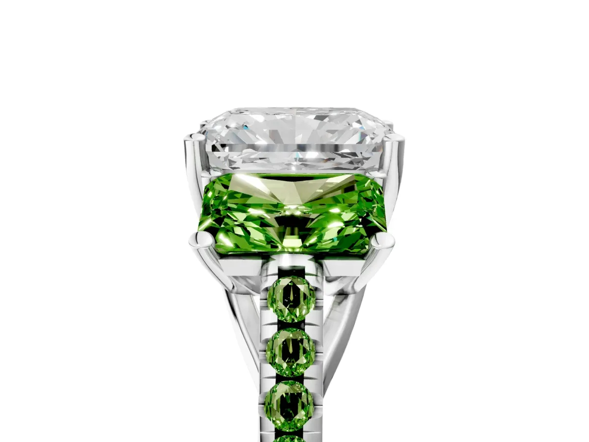Three-Stone Radiant Cut Diamond Ring with Round Peridot Pavé Band and Prong Setting Silver