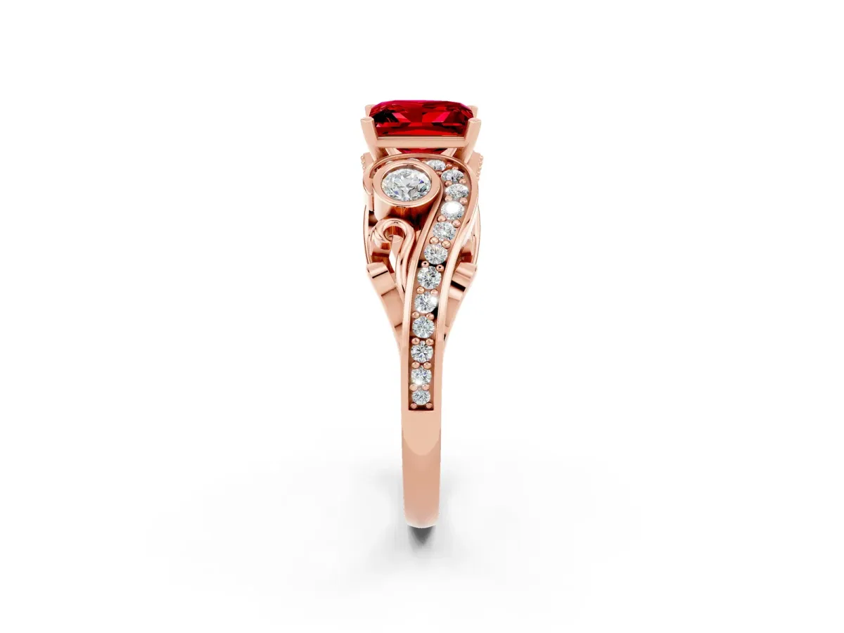 Princess Cut Ruby Solitaire Ring with Milgrain Pavé Band and Four-Prong Setting Rose gold