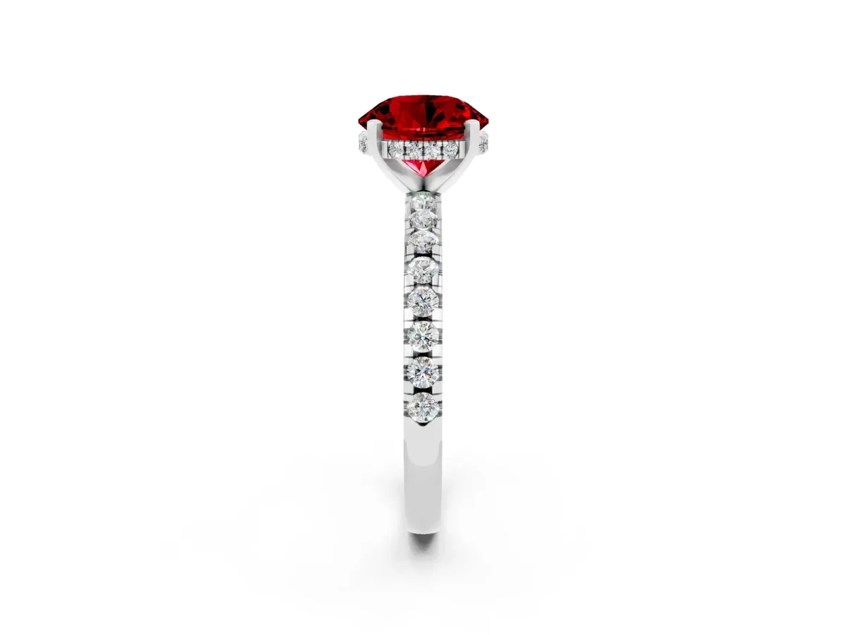 Round Cut Ruby Solitaire Ring with Round Pavé Band and Four-Prong Setting Platinum