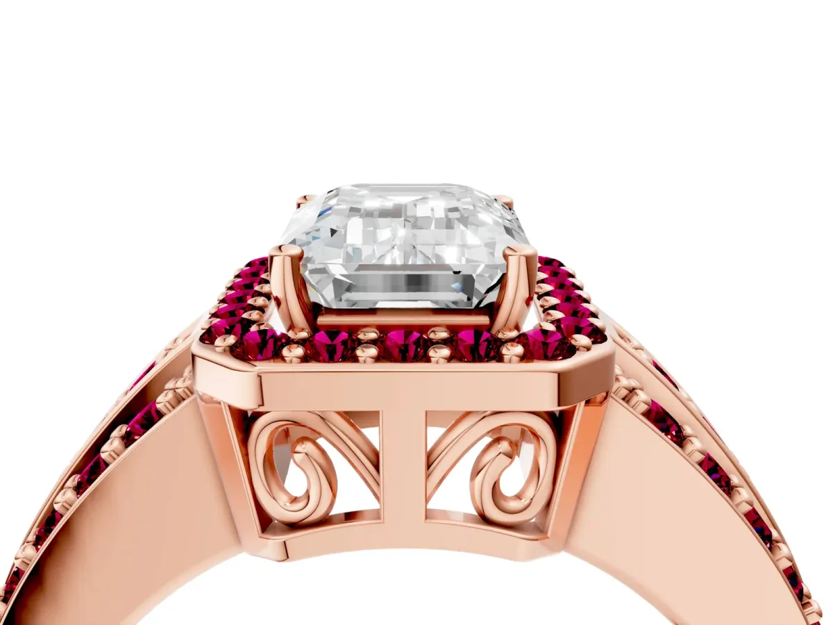 Emerald Cut Halo Diamond Ring with Round Garnet Split Shank and Prong Setting Rose gold