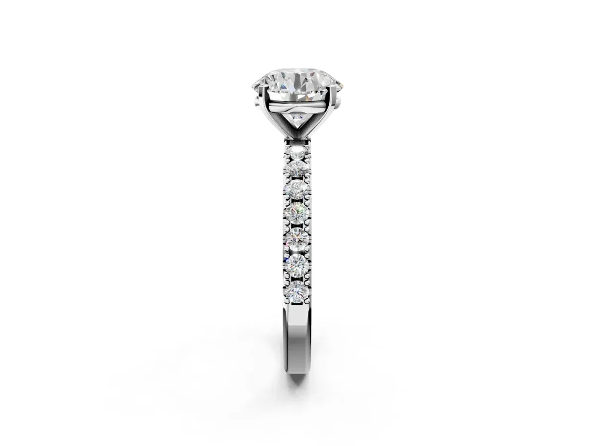 Round Cut Diamond Solitaire Pavé Band with Four-Prong Setting White gold