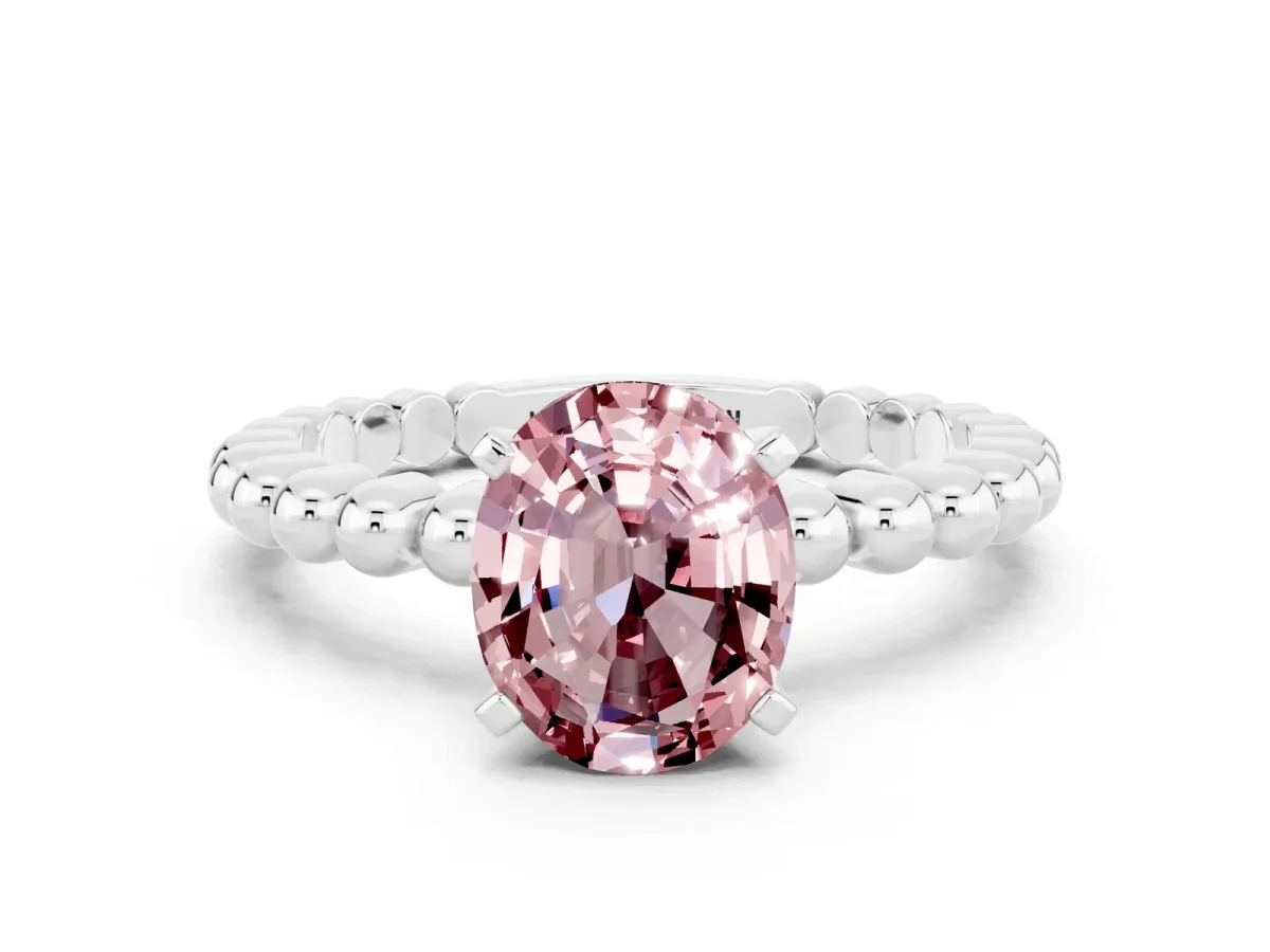 Oval Cut Morganite Solitaire Ring with Beaded Band and Prong Setting Platinum