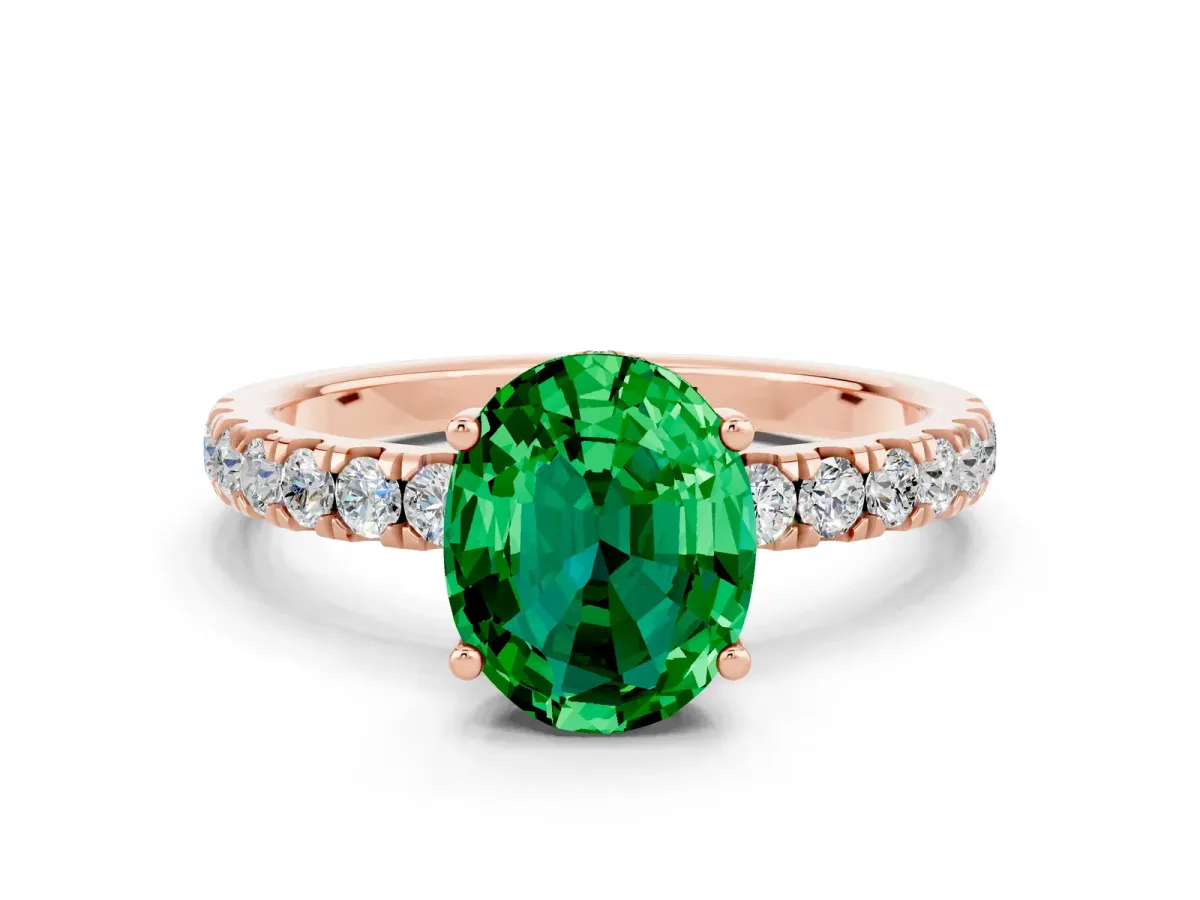 Oval Cut Emerald Pave Band Solitaire Ring with Round and Prong Setting Rose gold