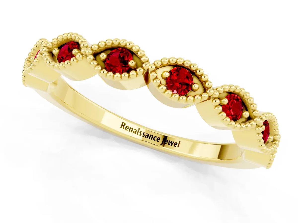 Milgrain Marquise Ruby Half Eternity Band with Bezel Setting Yellow gold