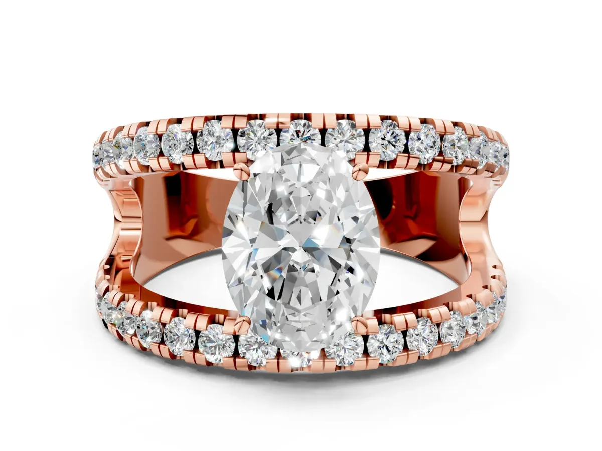 Oval Cut Solitaire Split Shank Pave Diamond Ring Rose gold