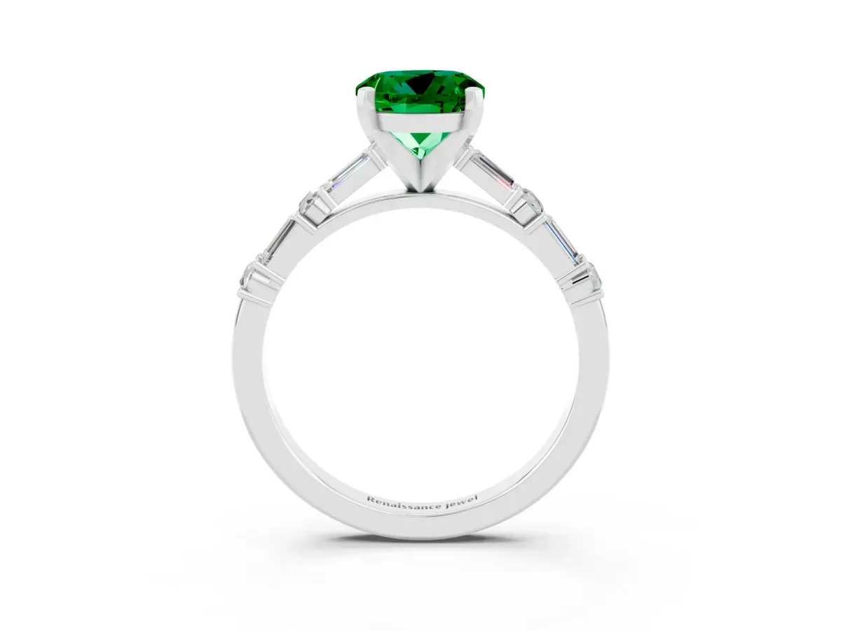 Round Cut Emerald Solitaire with Side Baguettes and Channel Set Band Platinum