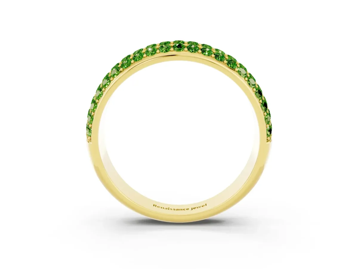 Three-Row Round Peridot Eternity Band with Shared Prong Setting Yellow gold