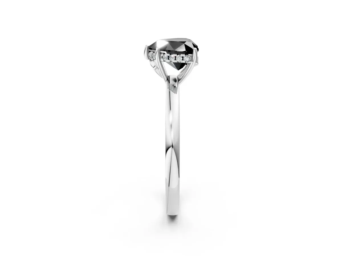 Fancy Black Heart Cut Solitaire Diamond Ring with Prong Setting and Plain Band Silver