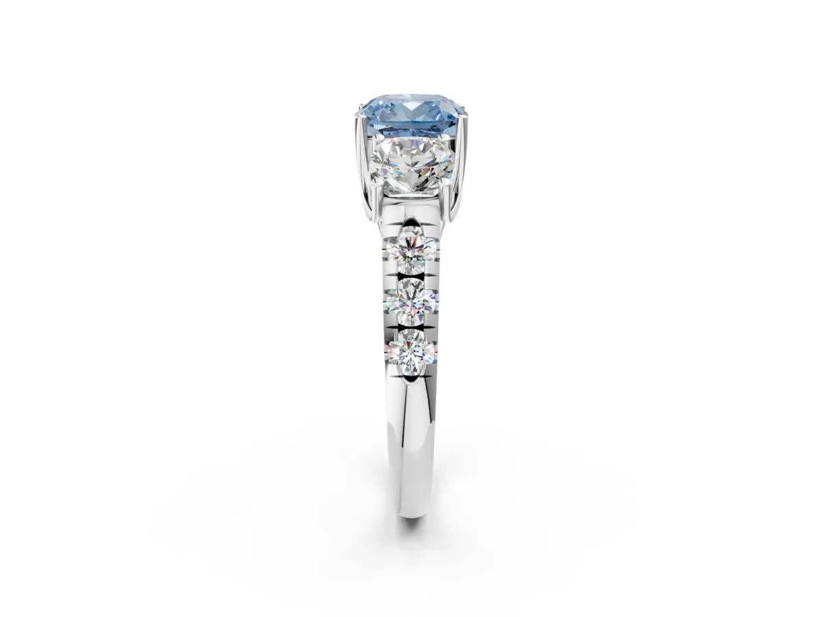 Fancy Blue Three-Stone Cushion Cut Diamond Pavé Band with Prong Setting Platinum