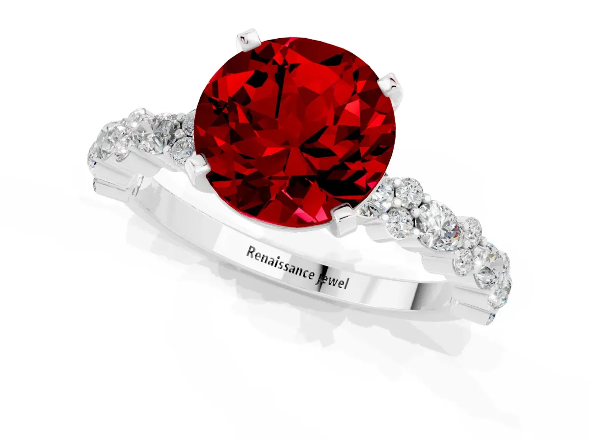 Round Cut Ruby Side Stone Solitaire Ring with Round and Four-Prong Setting White gold