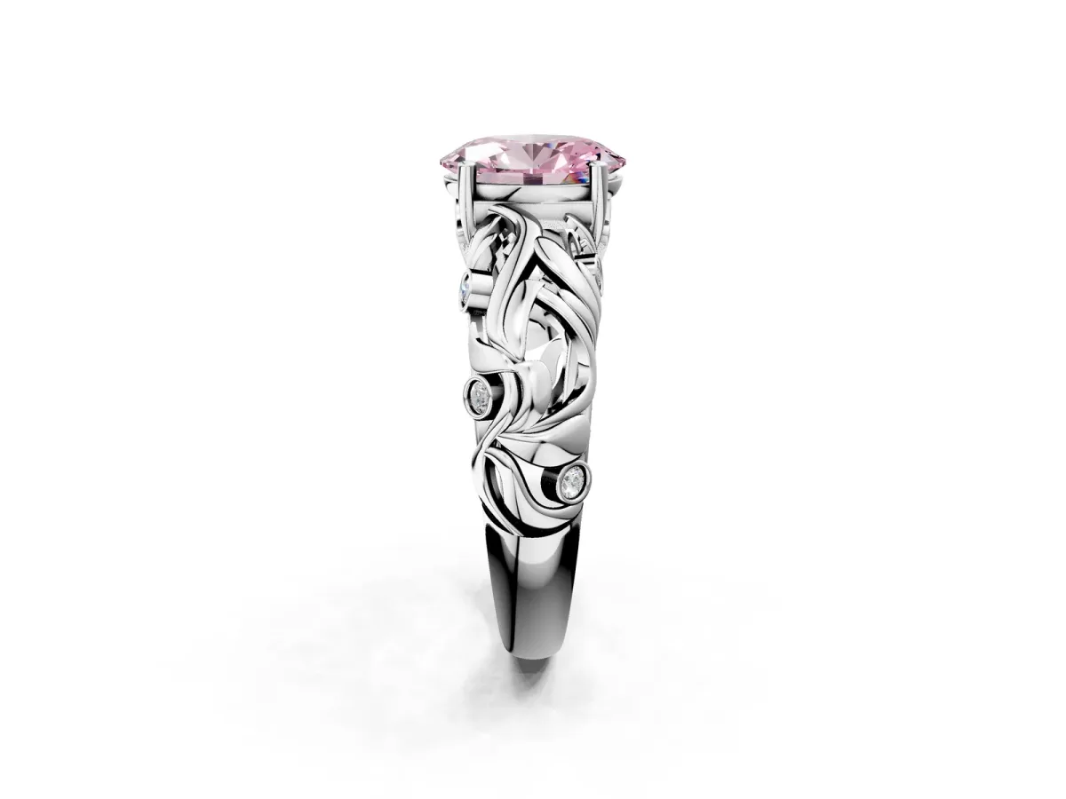 Fancy Pink Oval Cut Solitaire Diamond Leaf-Inspired Vine Band Ring with Prong Setting White gold
