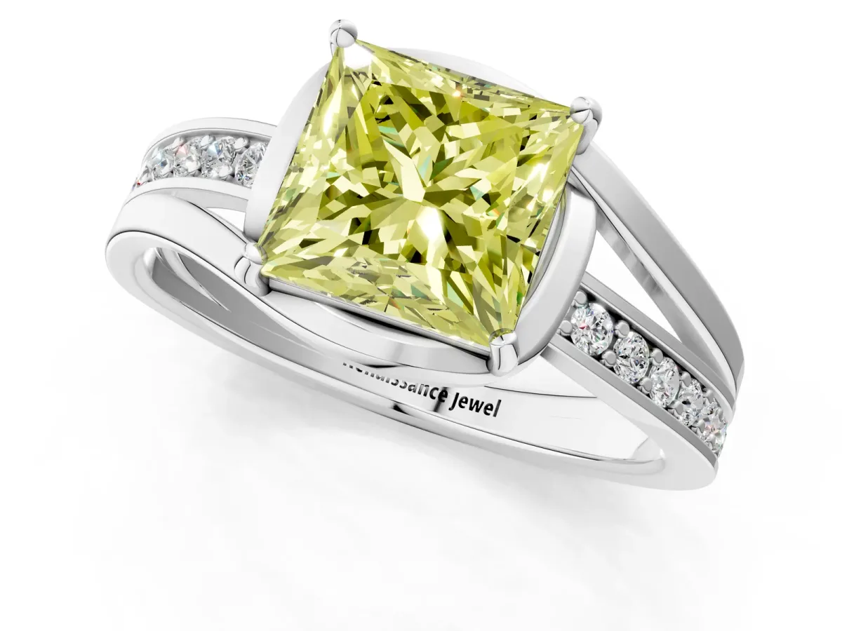 Fancy Yellow Princess Cut Diamond Solitaire Ring with Split Shank and Prong Setting Platinum