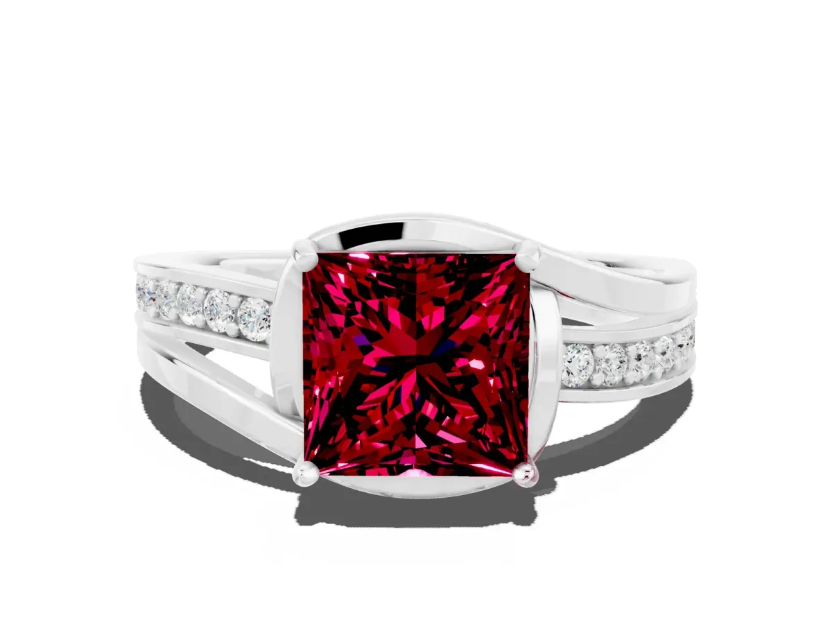 Princess Cut Garnet Solitaire Ring with Split Shank and Prong Setting Platinum