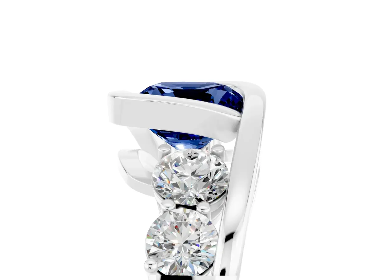 Bezel Set Cushion Cut Blue Sapphire Bypass Ring with Round Accents Silver