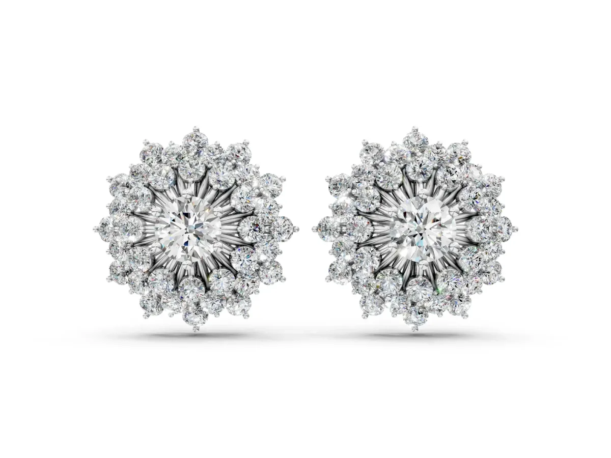 Round Diamond Sunburst Stud Earrings Platinum