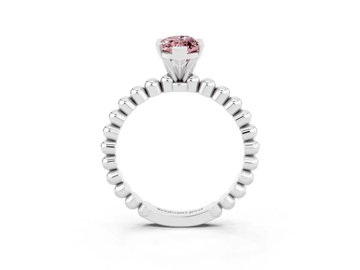 Marquise Cut Morganite Solitaire Ring with Beaded Band and Prong Setting Platinum