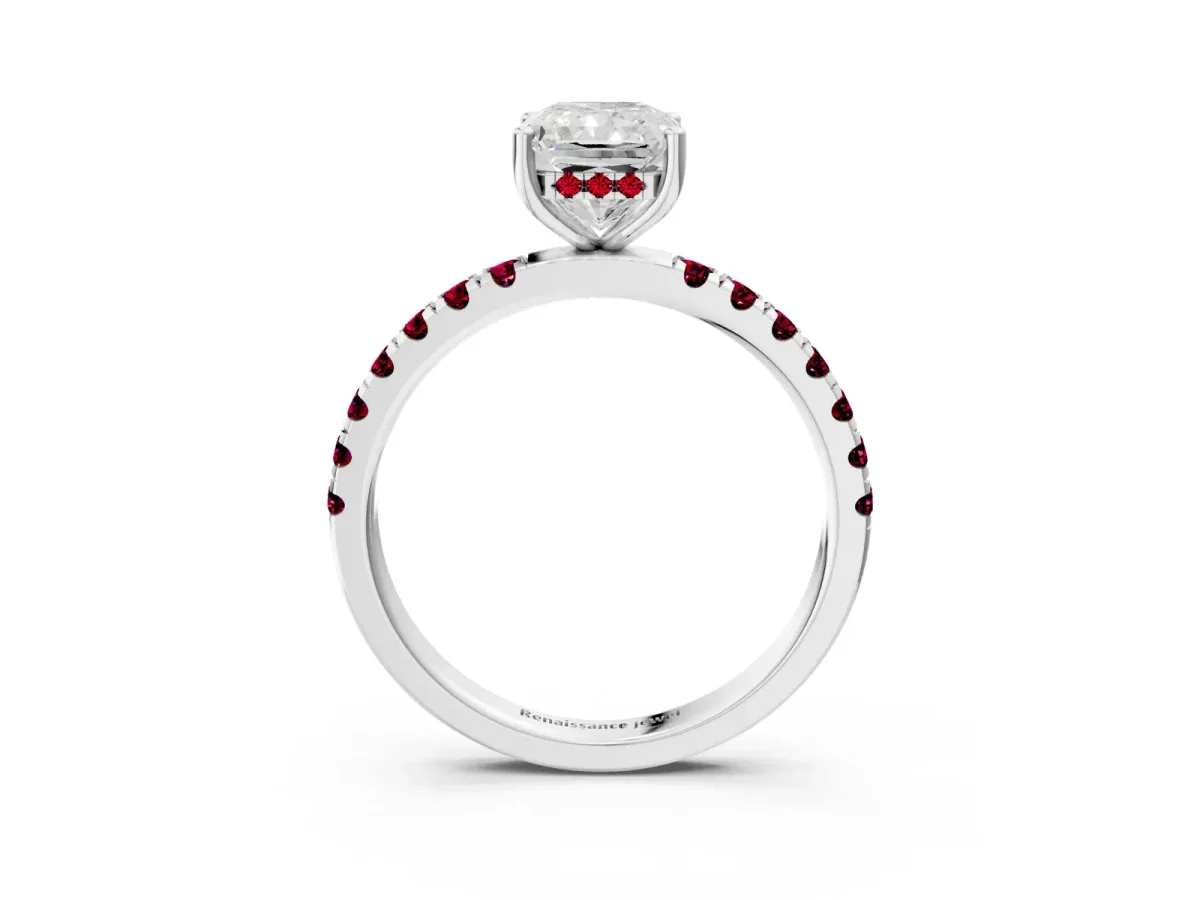 Radiant Cut Diamond Pave Band Solitaire Ring with Round Garnet and Prong Setting Silver