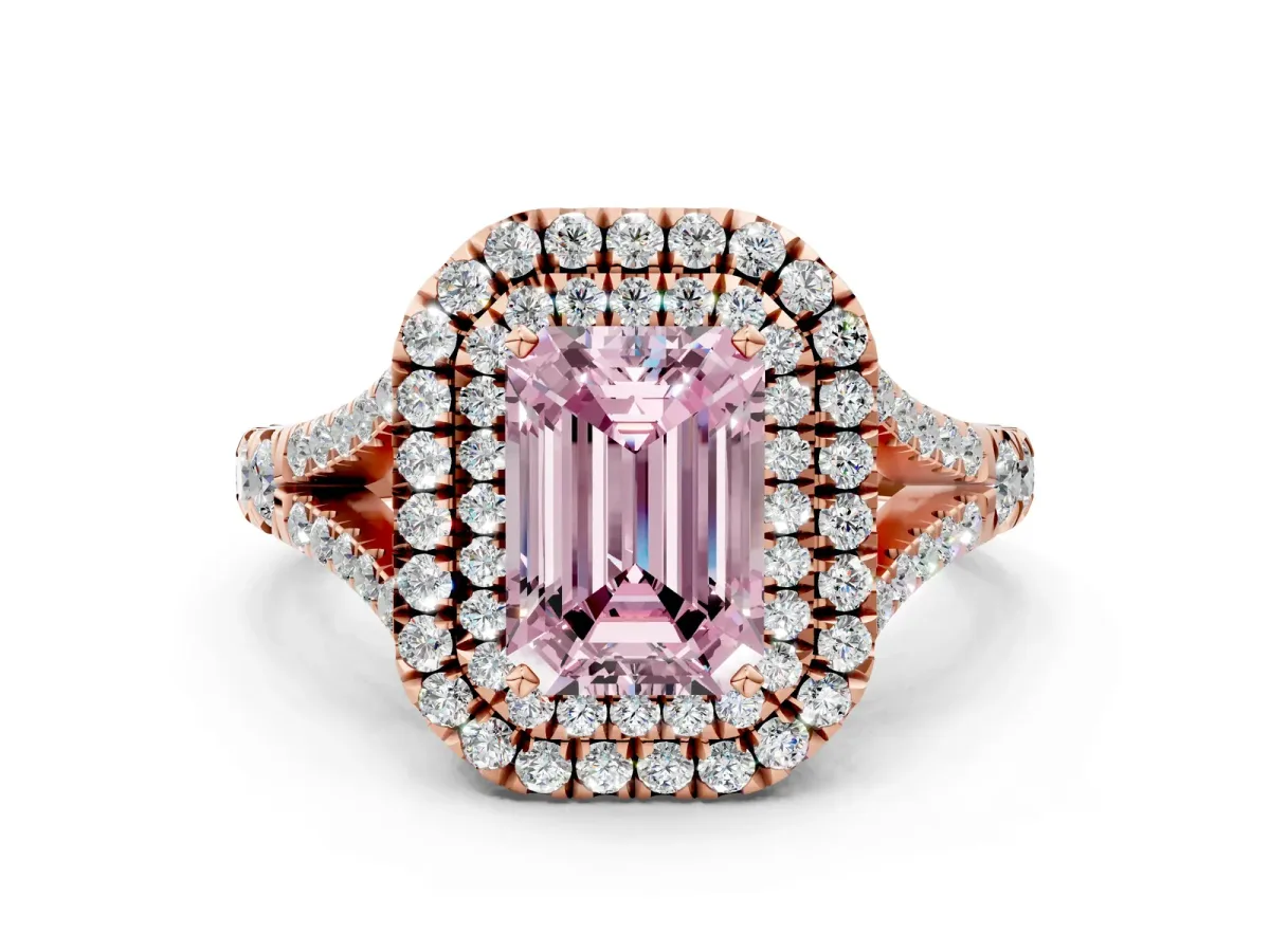 Fancy Pink Emerald Cut Diamond Double Halo Ring with Split Shank and Prong Setting Rose gold