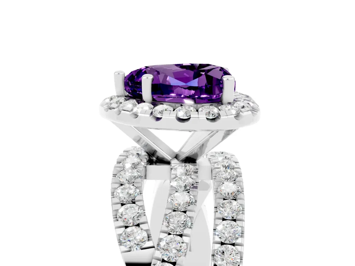Heart Cut Amethyst Halo Ring with Round Split Shank and Prong Setting Platinum