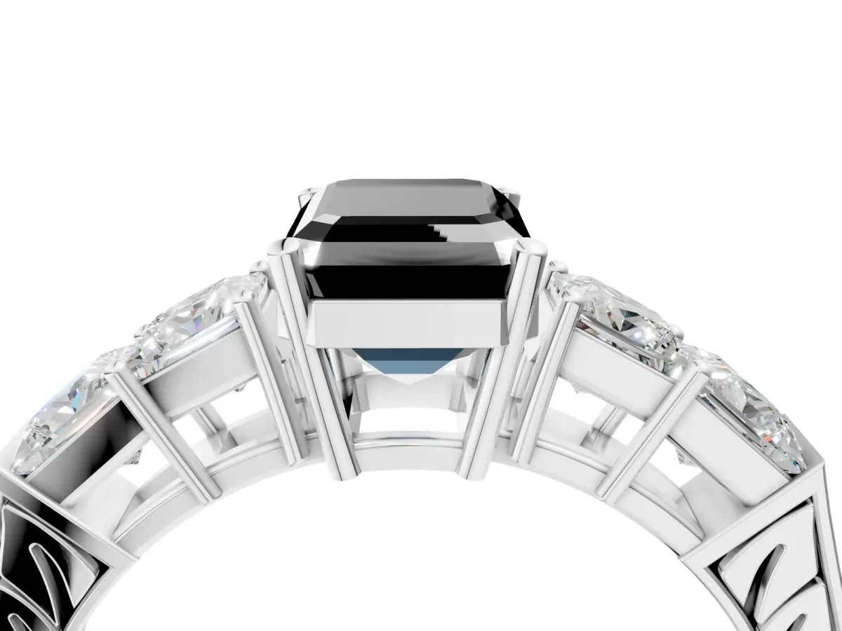 Fancy Black Emerald Cut Solitaire Princess Side Stone Engraved Band Prong Setting Ring Silver