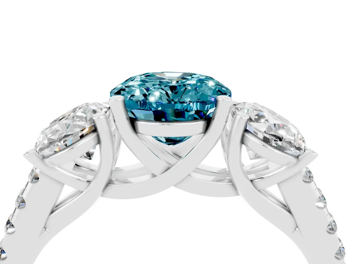 Three-Stone Oval Cut Blue Topaz Ring with Round Pavé Band and Prong Setting Platinum