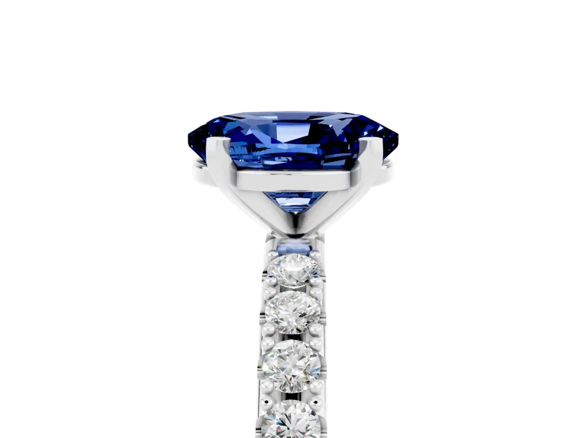 Oval Cut Blue Sapphire Solitaire Pavé Band with Four-Prong Setting Silver