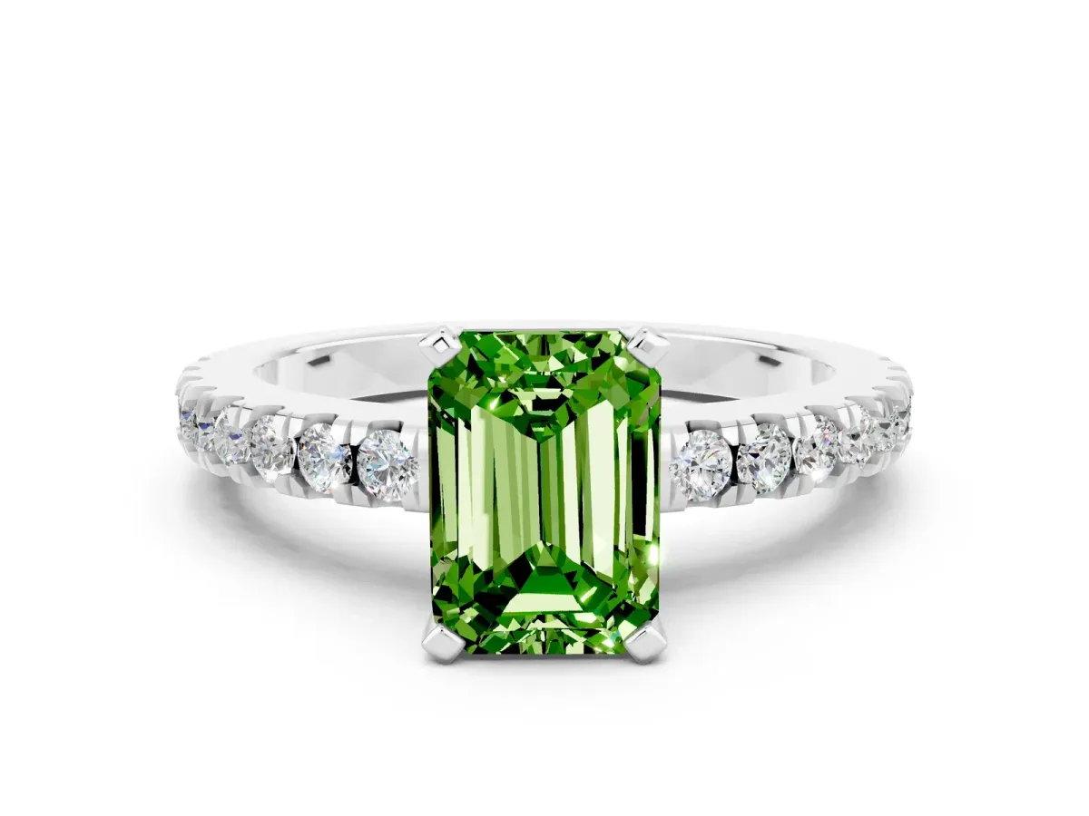 Emerald Cut Solitaire Peridot with Pavé Band and Four-Prong Setting Platinum