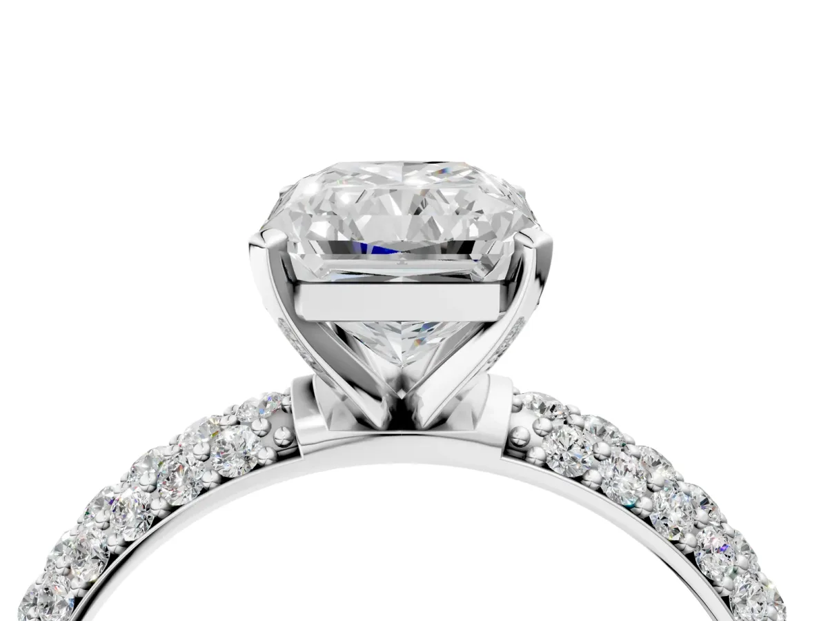 Radiant Cut Diamond Solitaire Ring with Prong Setting and Pavé Band Platinum