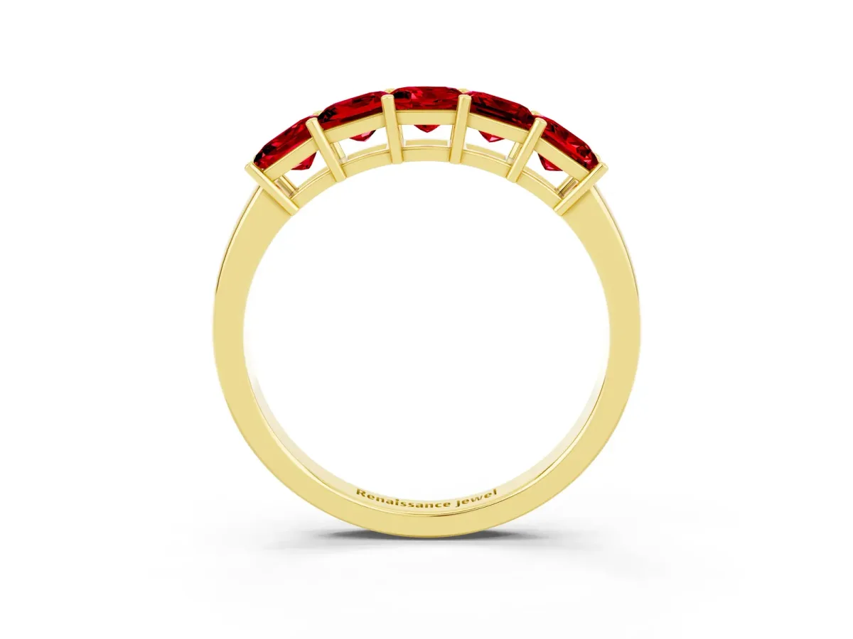 Princess Cut Five-Stone Ruby Band with Prong Setting Yellow gold