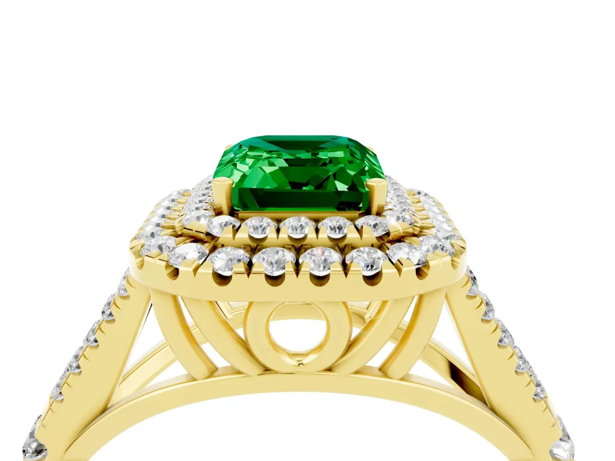 Double Halo Emerald Cut Emerald Split Shank Engagement Ring with Four-Prong Setting Yellow gold
