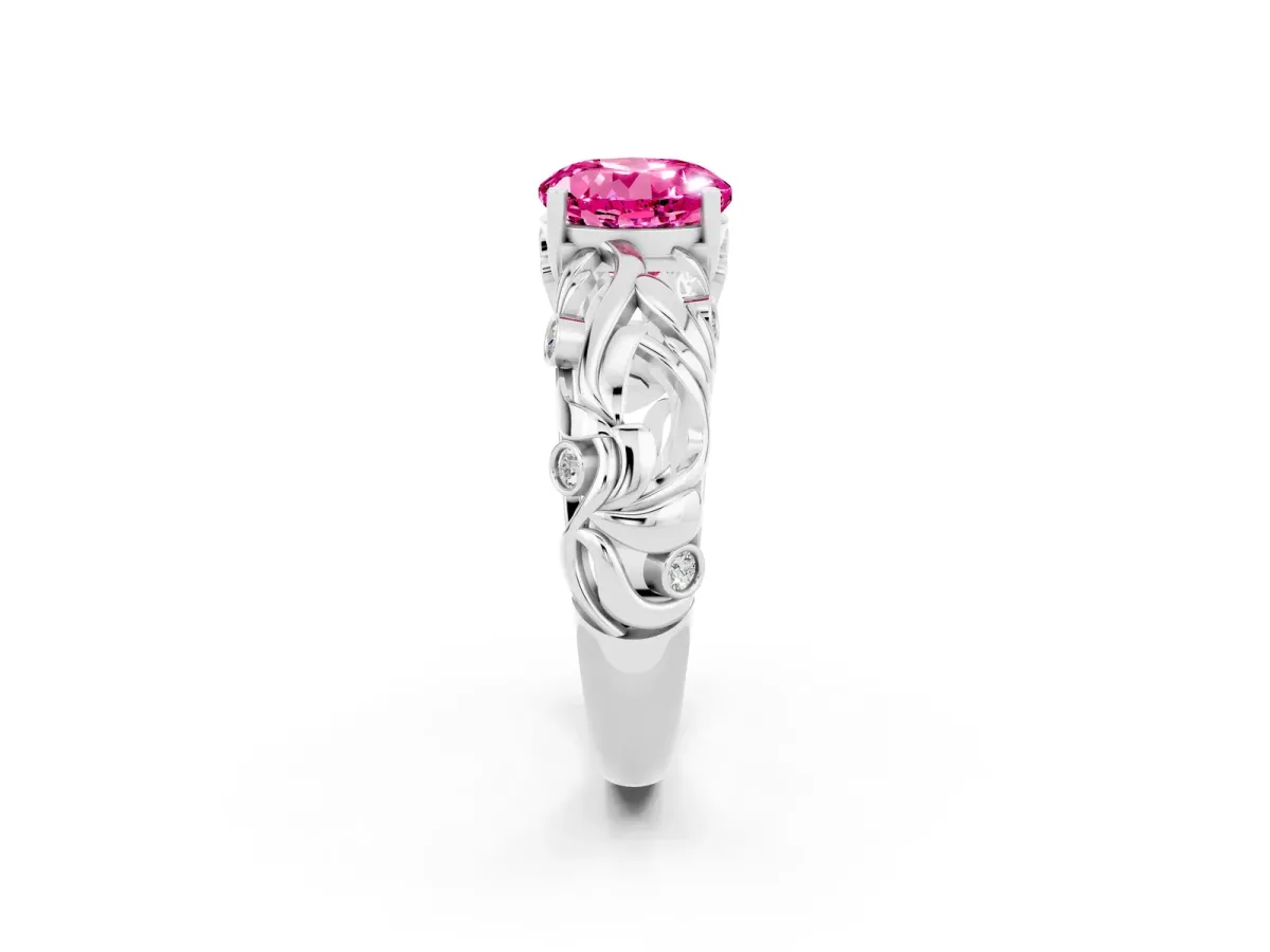 Round Cut Solitaire Pink Sapphire Leaf-Inspired Vine Band Ring with Prong Setting Silver