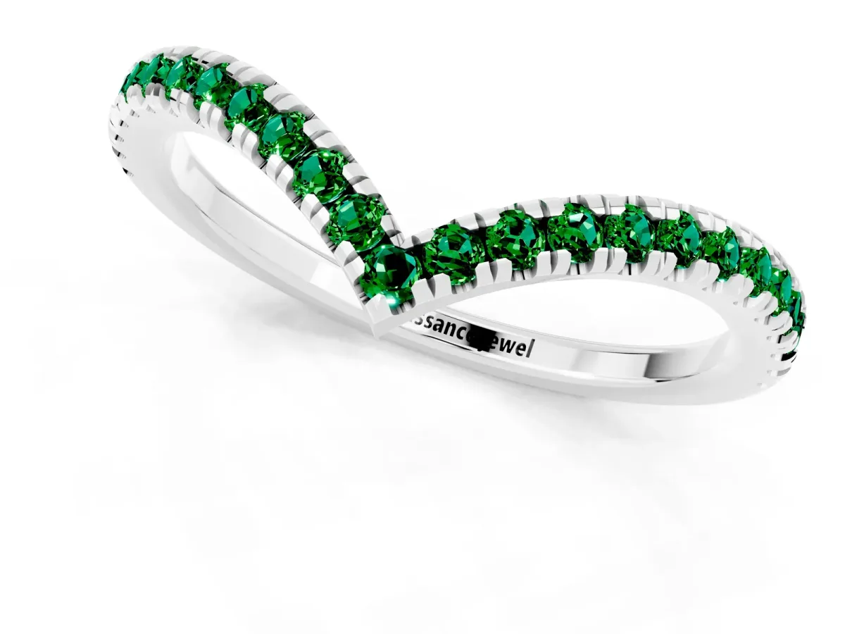 Pavé Round Emerald V-Shaped Chevron Band with Shared Prong Setting Silver