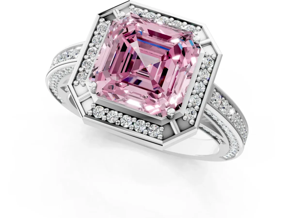 Fancy Pink Asscher Cut Cut Halo Pave Split Shank Prong Setting Ring Platinum