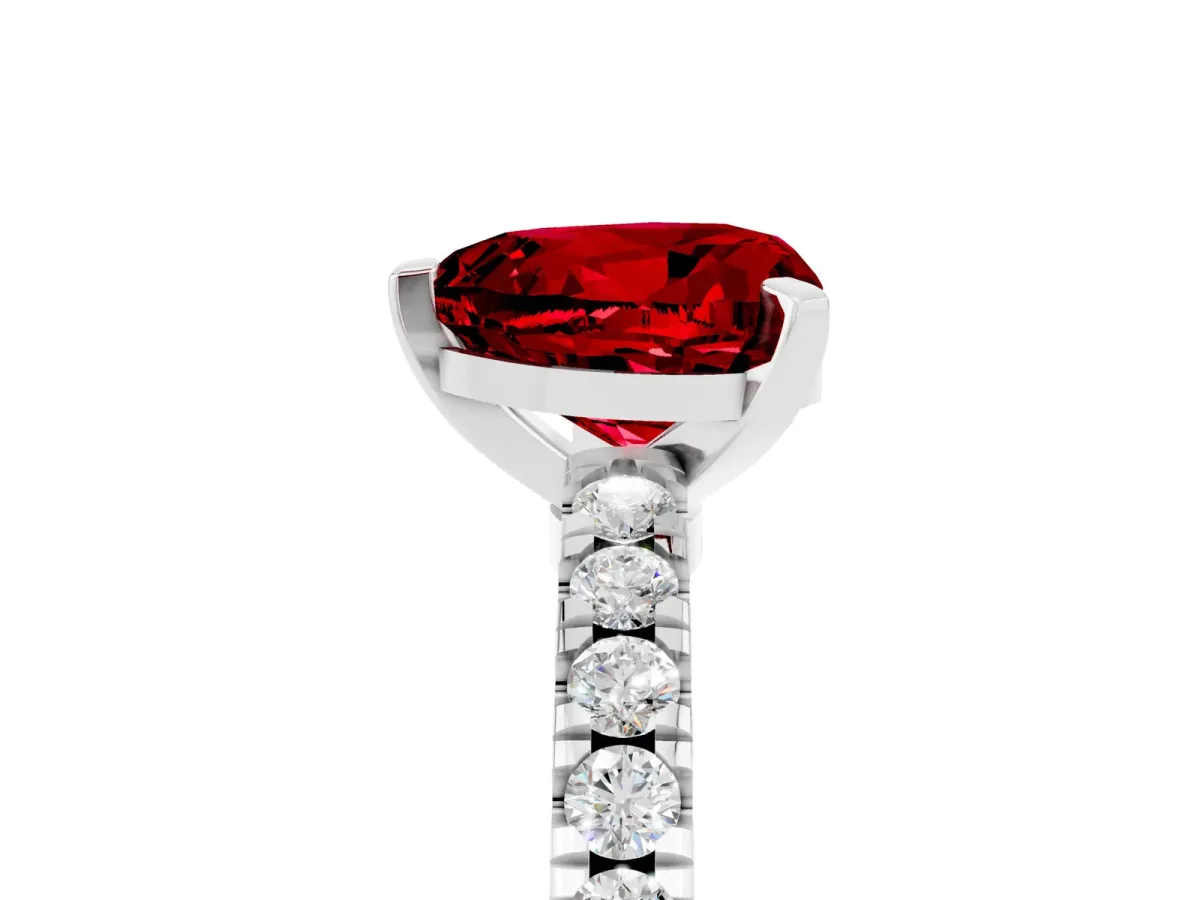 Heart Cut Solitaire Ruby with Pavé Band and Four-Prong Setting Silver