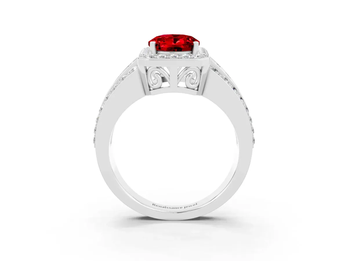 Oval Cut Halo Ruby Ring with Round Split Shank and Prong Setting Silver