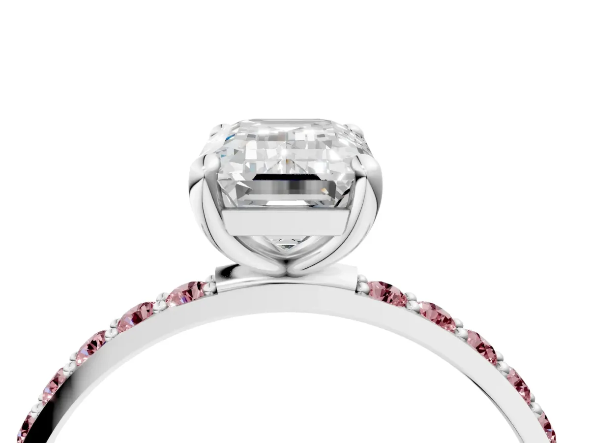 Emerald Cut Diamond Solitaire Ring with Round Morganite Pavé Band and Prong Setting Silver