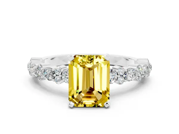Emerald Cut Yellow Sapphire Side Stone Solitaire Ring with Round and Four-Prong Setting White gold