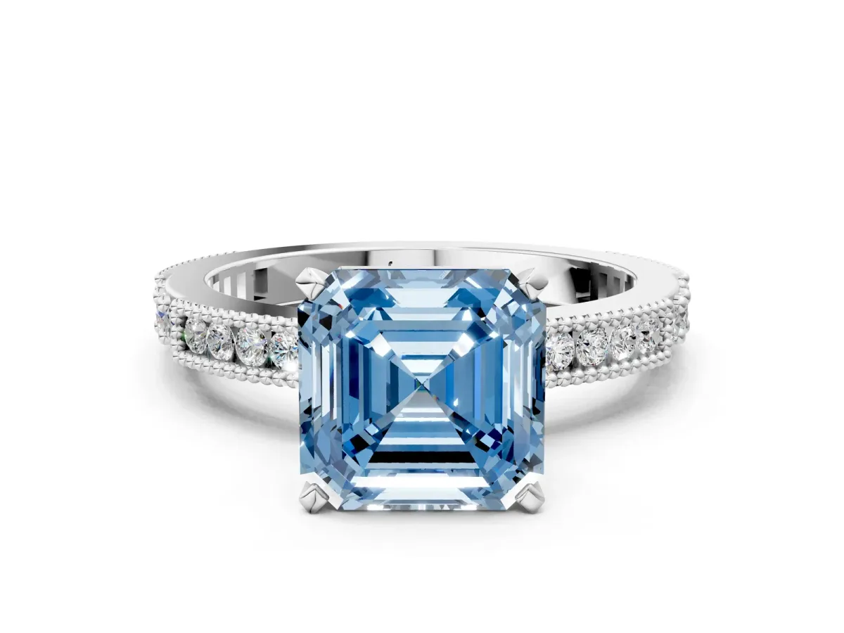 Fancy Blue Asscher Cut Solitaire with Pavé Band and Four-Prong Setting Silver