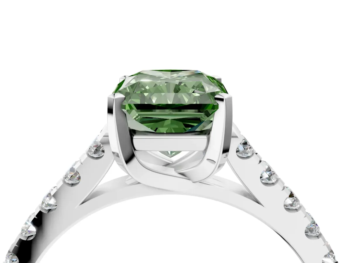 Fancy Green Radiant Cut Diamond Pavé Band Solitaire Ring with Prong Setting Platinum