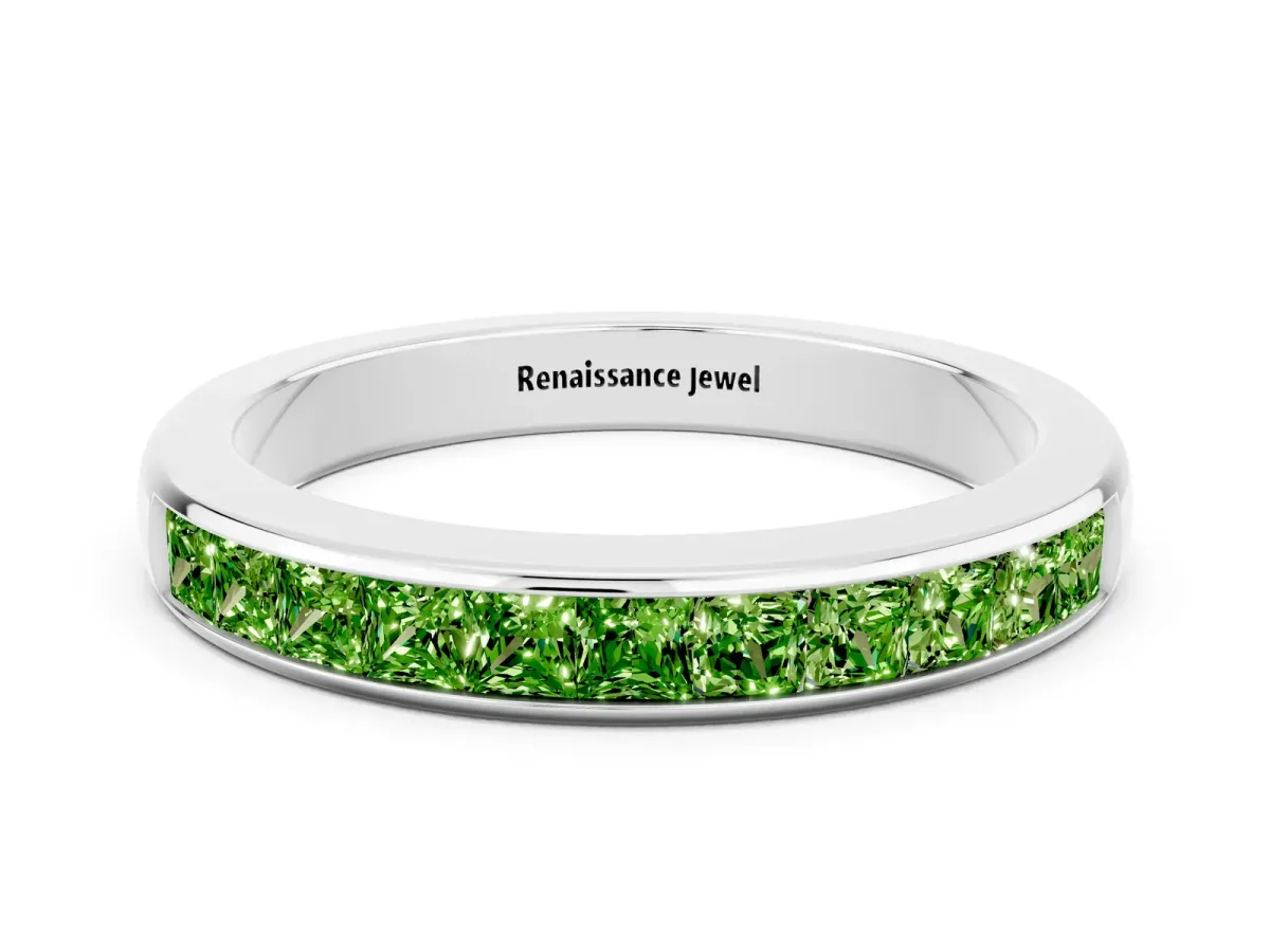Channel Set Princess Cut Peridot Eternity Band Platinum