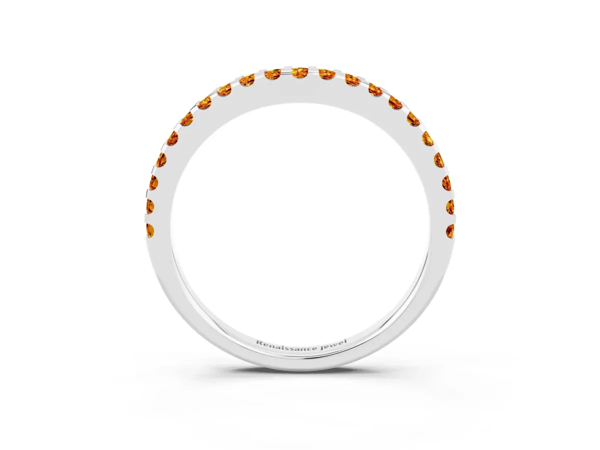 Round Citrine Pavé Curved Wedding Band Silver