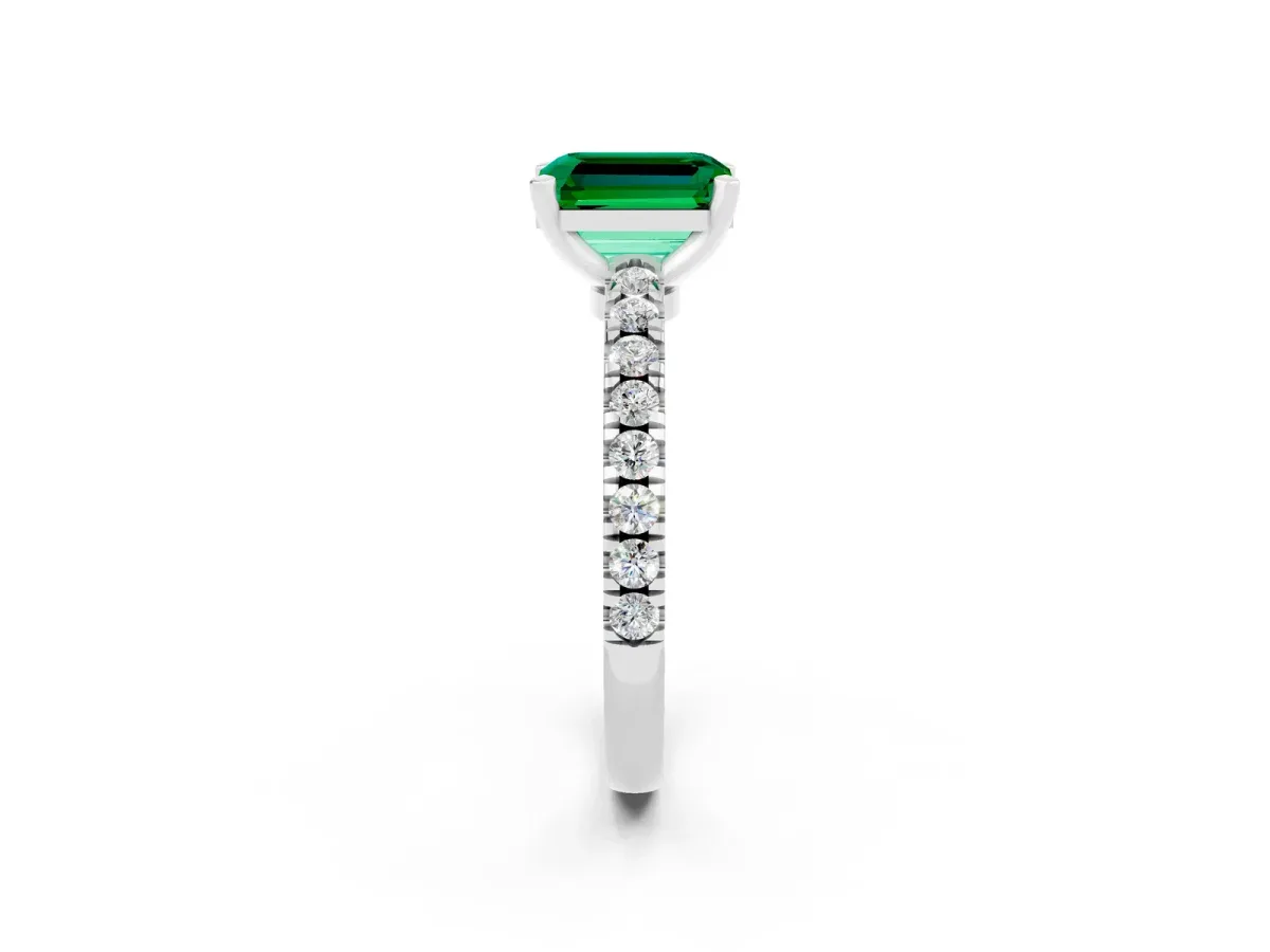 Emerald Cut Solitaire Emerald with Pavé Band and Four-Prong Setting White gold