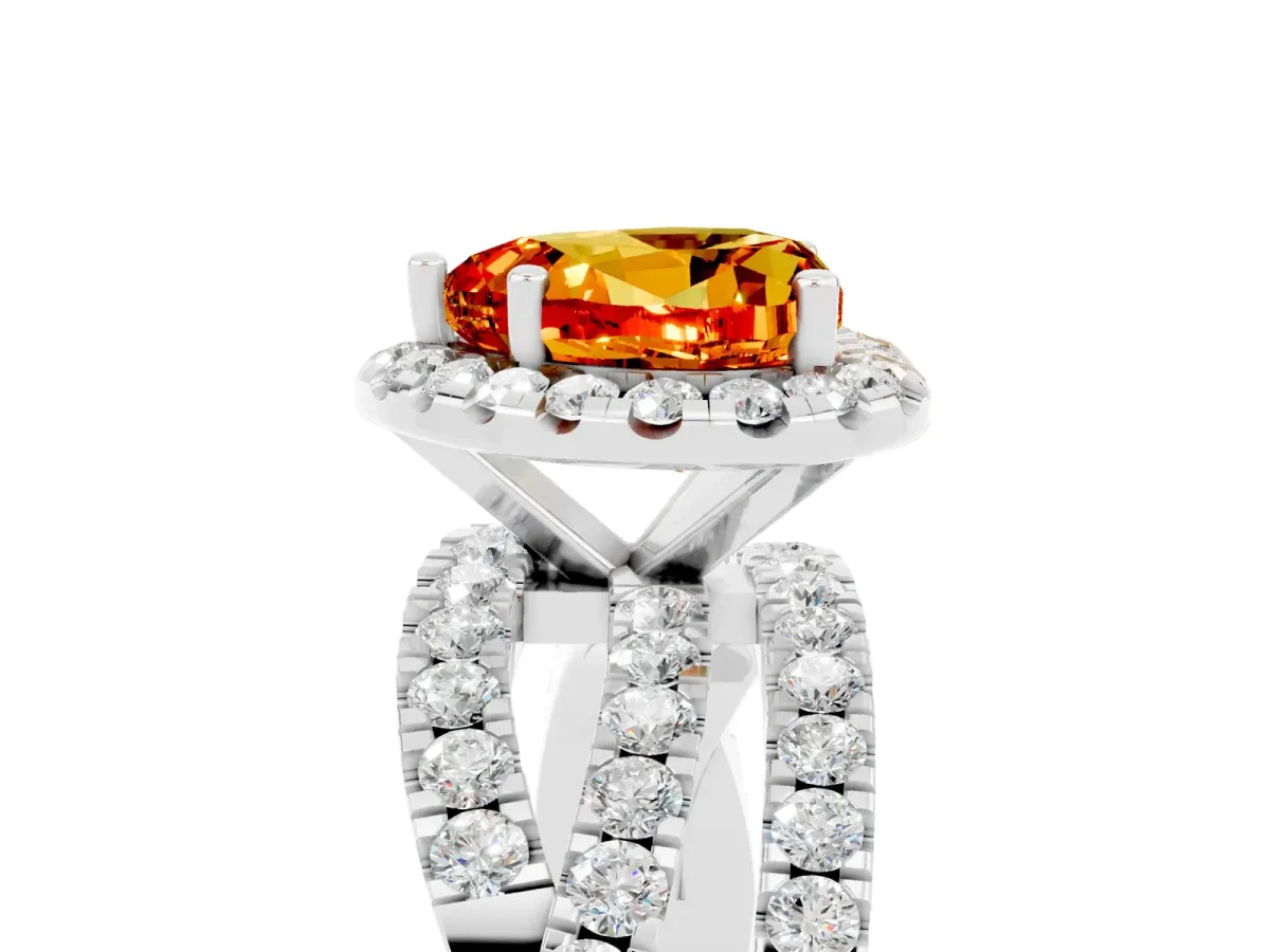 Heart Cut Citrine Halo Ring with Round Split Shank and Prong Setting Platinum
