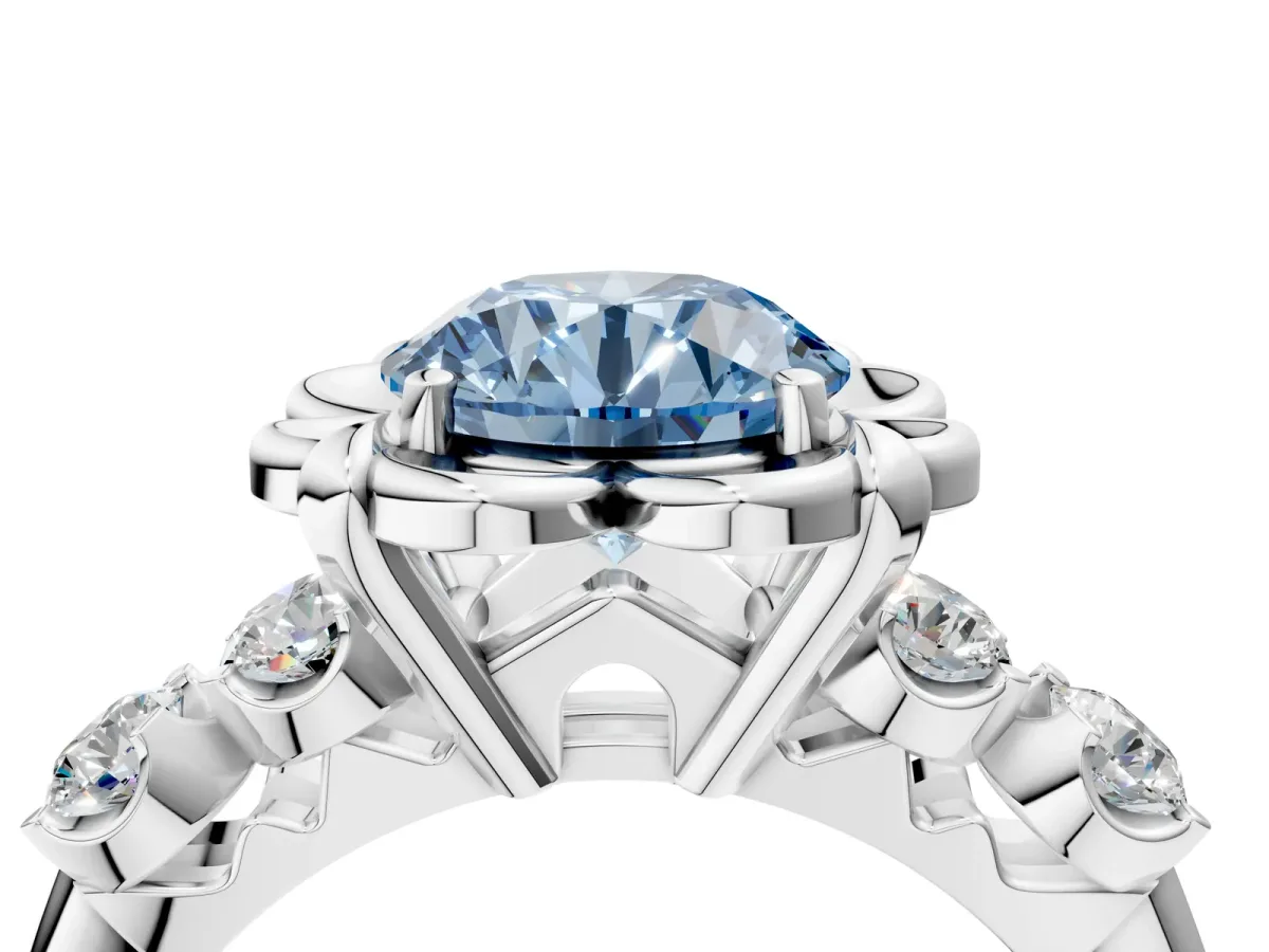 Fancy Blue Round Cut Cut Diamond Floral Halo Engagement Ring with Shared Prong Setting Silver