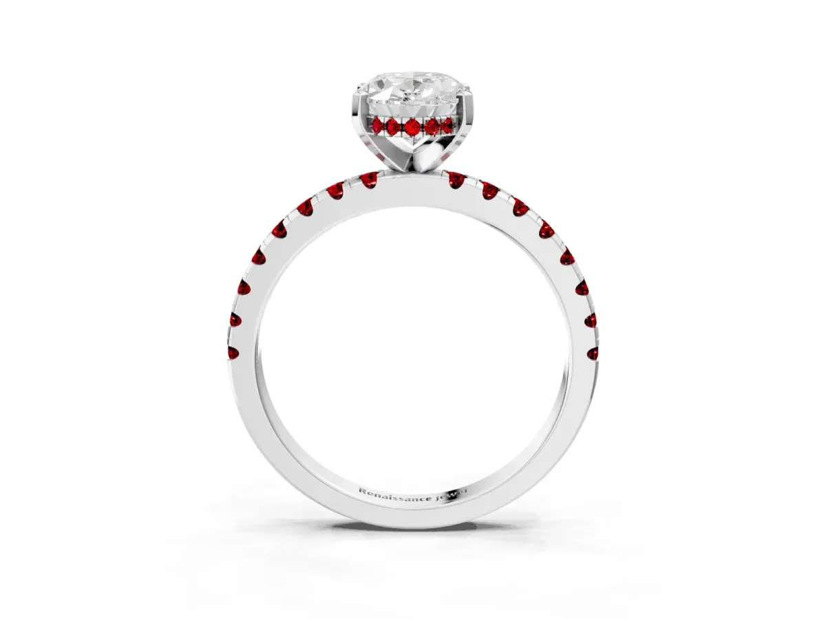 Oval Cut Diamond Solitaire Ring with Round Ruby Pavé Band and Four-Prong Setting Platinum