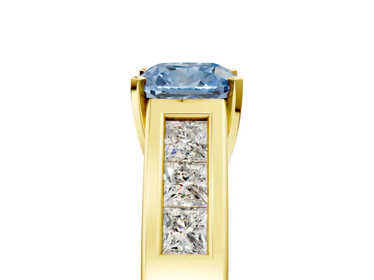 Fancy Blue Cushion Cut Cut Channel Set Solitaire Ring with Four-Prong Setting Yellow gold